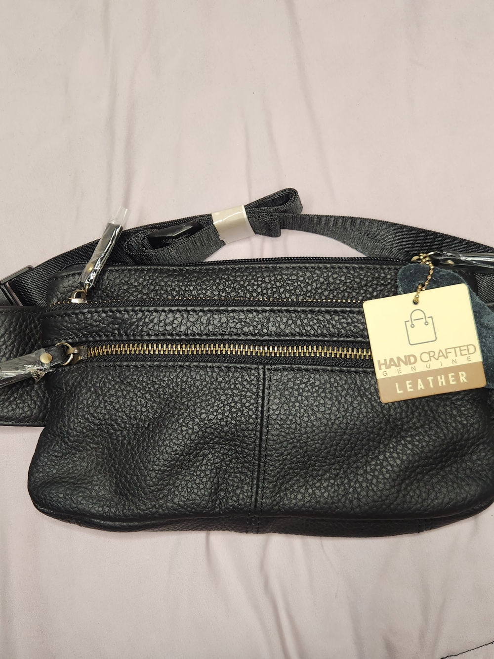Hand Crafted Black Pebble Leather Crossbody Bag with Gold Zip
